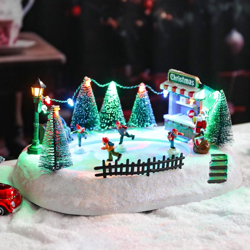 CHONSUN Christmas Village Sets 5.3 Inch Animated Christmas Ice Skating Rink Moving USB/3AA Batteries Music Xmas Trees Decorations Indoor LED Lights Figurines for Room Tabletop Decor - Image 5